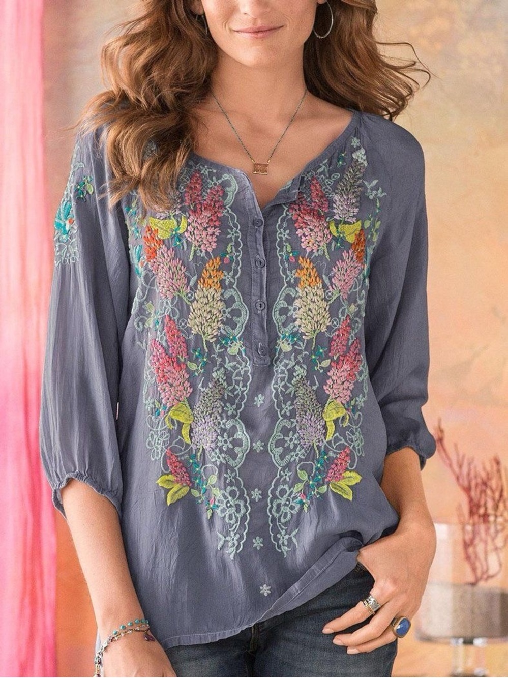Johnny Was Leona Gray Embroidered Floral Tunic Top Long Sleeve Medium